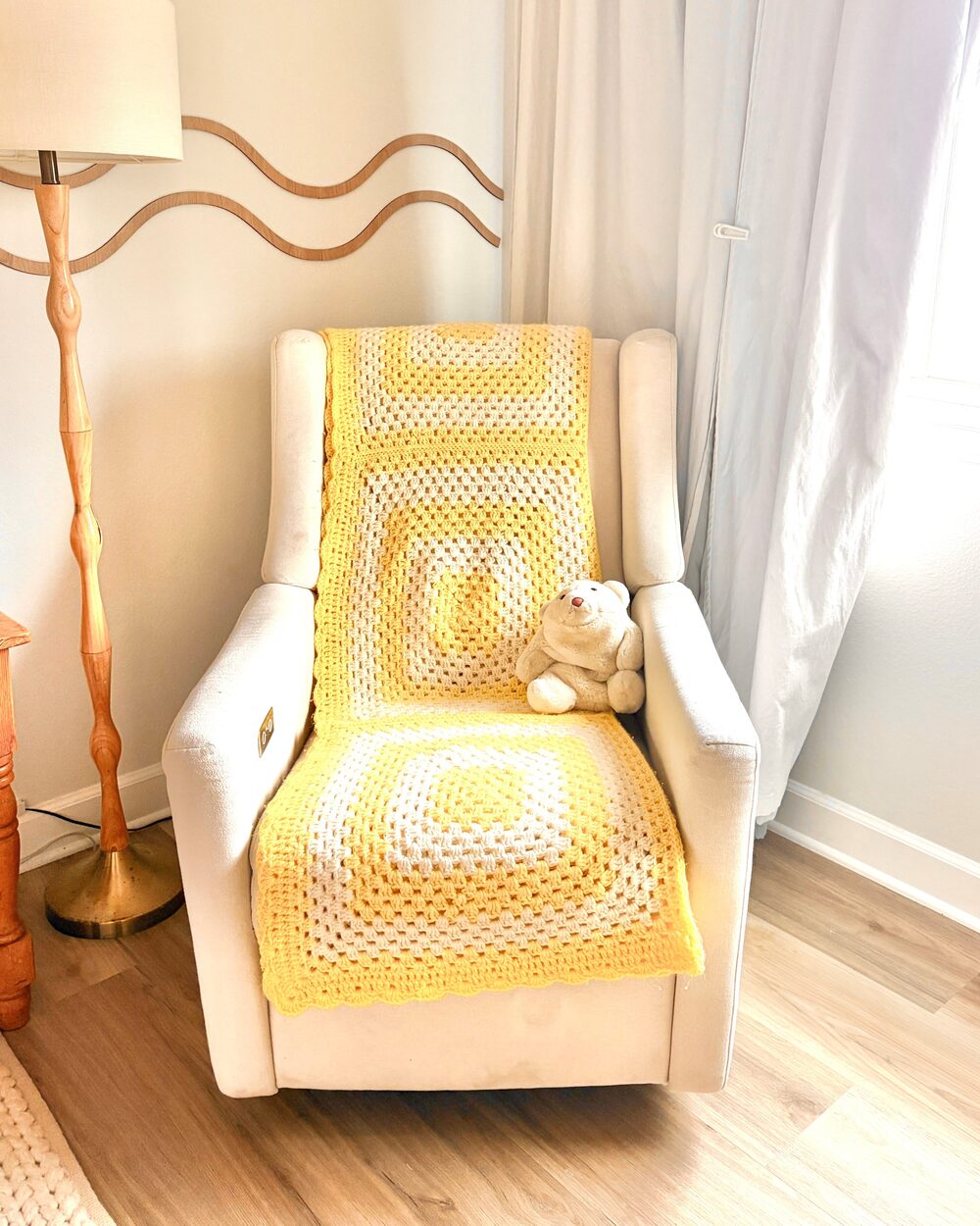 Vintage Granny Afghan Blanket Crochet Yellow & White 42"x70"